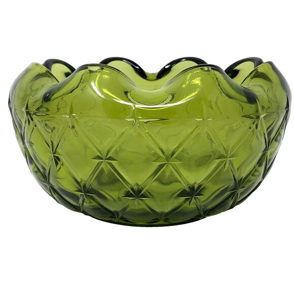 Vintage Indiana Glass Crimped Bowl Avocado Olive Green Duette Rose Starburst - Picture 3 of 8